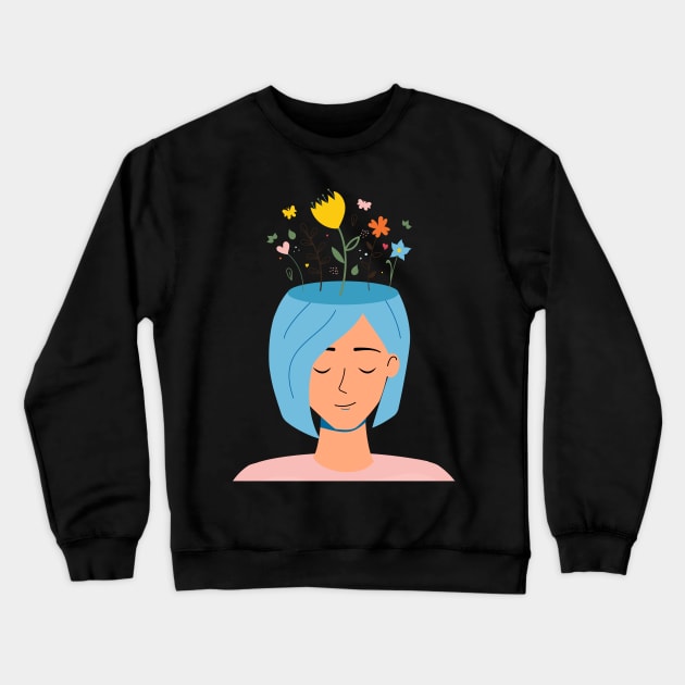 Woman With Flowers On Her Head Crewneck Sweatshirt by OnlyWithMeaning